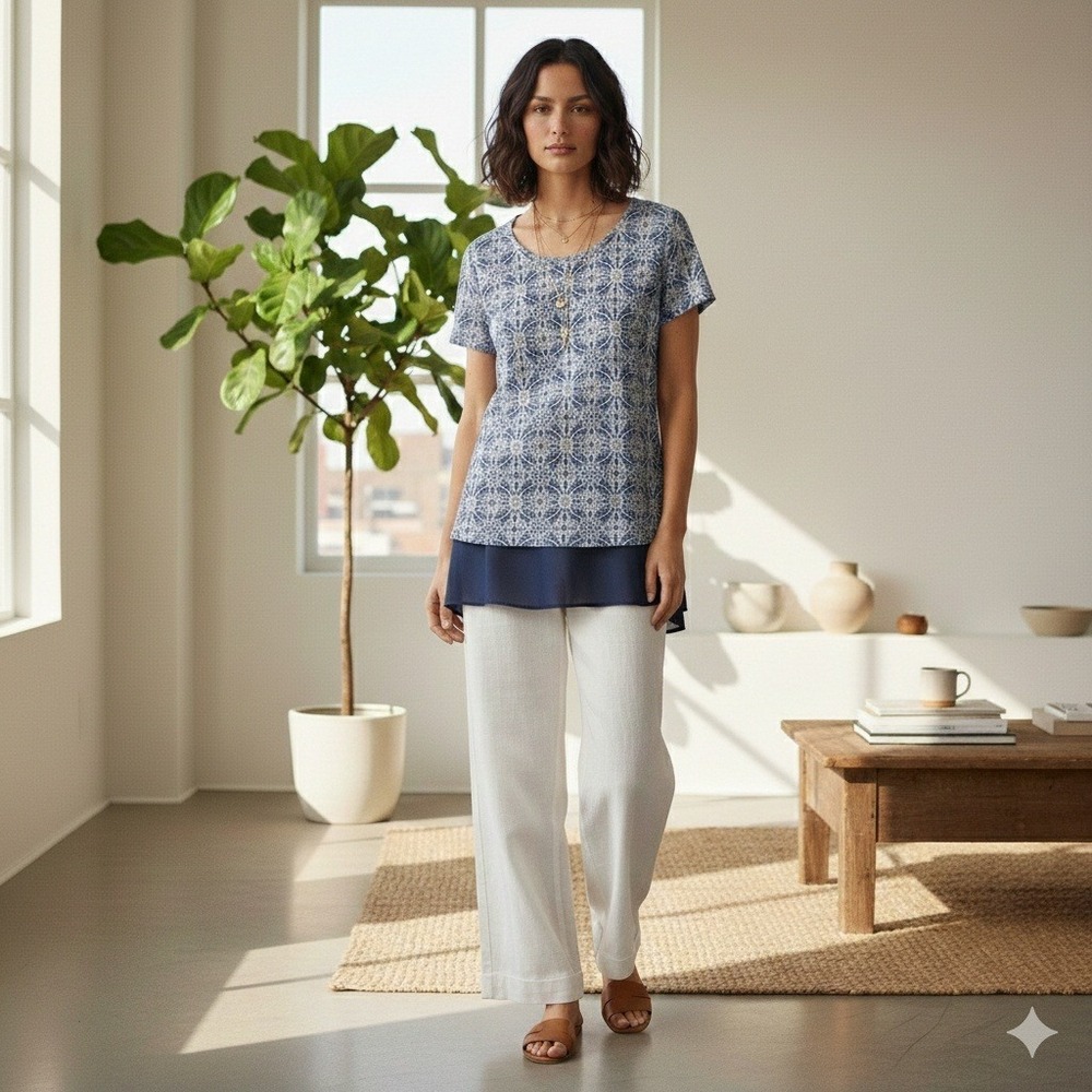 PLEIONE Blue & White Blouse Artisanal Lace Overlay‎ Mixed Media Top Size Small - Picture 8 of 8